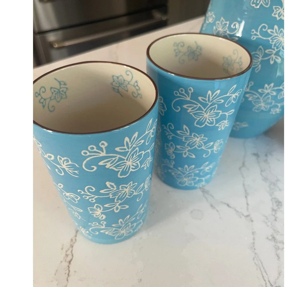 Temp-tations Floral Lace 5pc Ceramic 2qt Pitcher and 16oz Tumbler Set Sky Blue